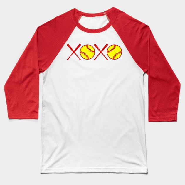 Vintage XOXO Love Softball Hugs and Kisses Yellow and Red Baseball T-Shirt by TeeCreations